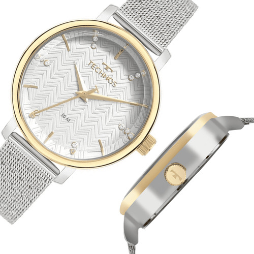 Relógio Technos Feminino Style Prata Dourado Pedras Fashion