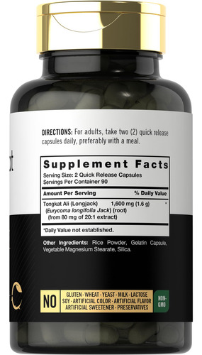 Suplemento Carlyle Tongkat Ali 1600mg 180 Cápsulas