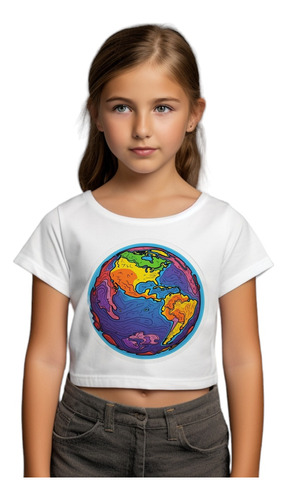 Camiseta Cropped Infantil Mapa Mundo Colorido