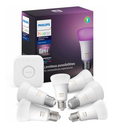 Imagen 1 de 10 de Kit Philips Hue Bridge + 6 Ampolletas Colores Bt E27 Matter