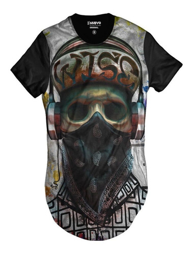 Imagem 1 de 2 de Camiseta Longline Skull Rapper Caveira Monster Hiphop