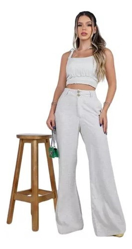 Conjunto Feminino Calça + Cropped Linho