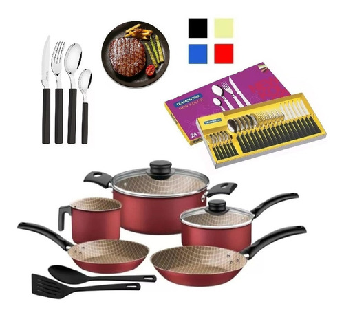 Imagen 4 de 9 de Juego Bateria Cocina Tramontina 9 Piezas + Cubiertos 24 Pzas