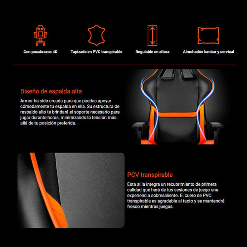 Silla de escritorio Cougar Armor gamer ergonómica  negra y naranja con tapizado de cuero sintético