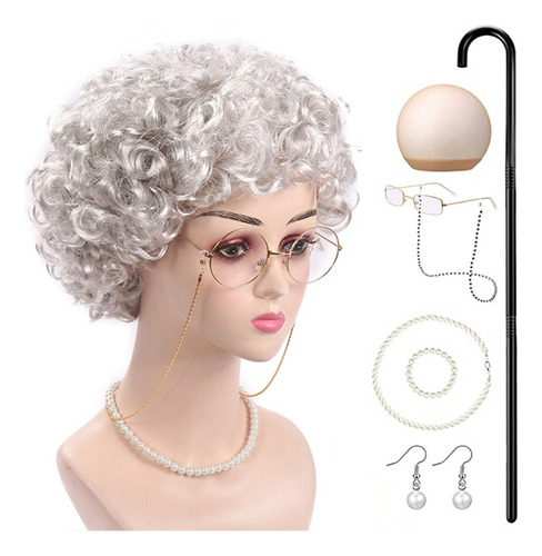 Peluca De Halloween Granny Curls, Juego De 8 Piezas