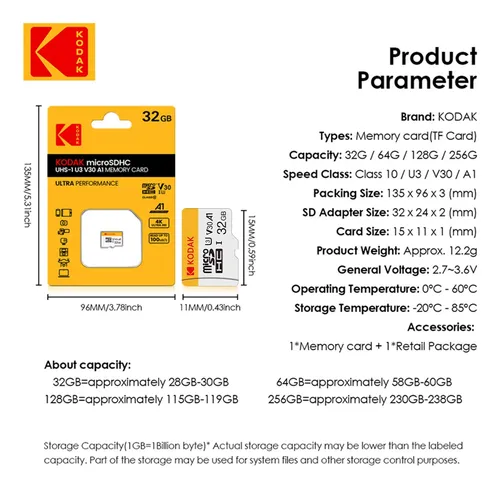 Memoria Micro Sd Xc Kodak 128 Gb Uhs-1 U3 V30 A1 Clase 10