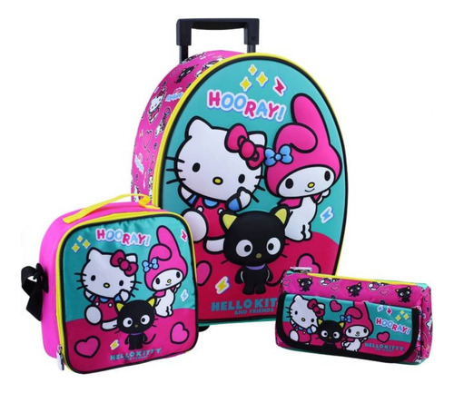 Pack Maleta Ruedas Kitty Amigos + Lonchera + Cartuchera