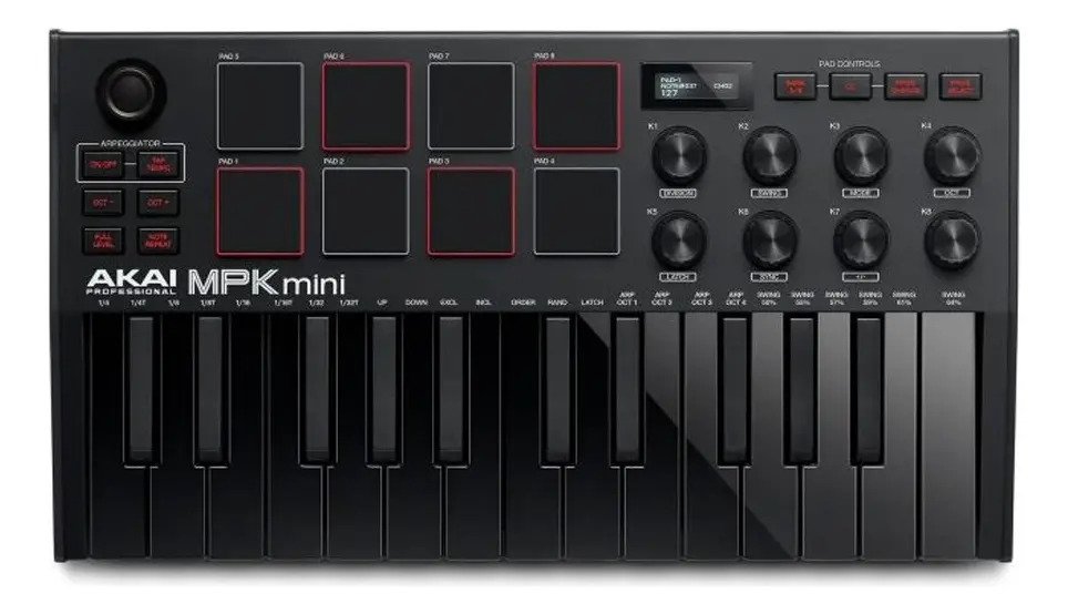 Teclado Controlador MIDI Akai MPK Mini MK3 Preto com 25 Teclas e 8 Pads