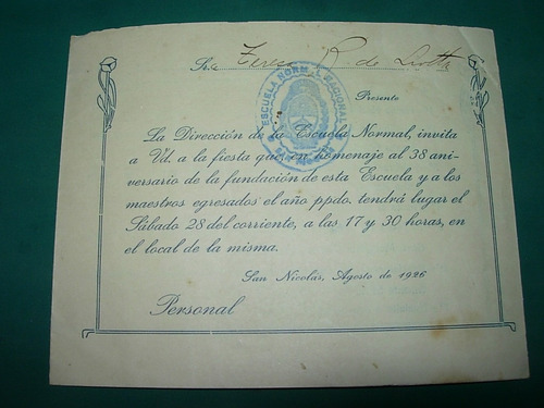 Papeleria San Nicolas Invitacion Fiesta Escuela Normal 1926