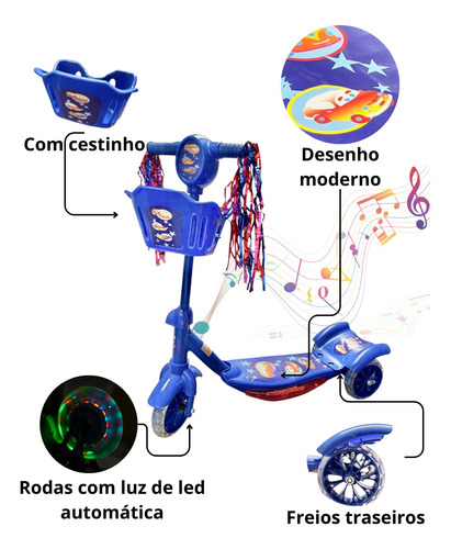 Patinete Infantil 3 Rodas Com Led Som Cesta Menino Cor Azul