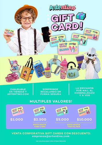 Imagen 2 de 5 de Gift Card Tarjeta Regalo A Domicilio Artentino Adultos Niños