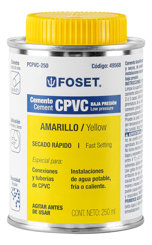 Cemento Amarillo Para Cpvc En Bote 250ml Baja Presión Foset