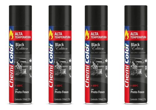 4 Tinta Spray Alta Temperatura Preto Fosco Chemicolor 350ml