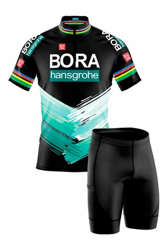 Conjunto Camisa Bermuda Ciclismo Bora Preto Verde