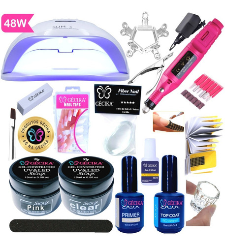 Imagem 1 de 7 de Kit Unha Acrigel Gécika Fibra Vidro Seda Mini Lixa Cabine