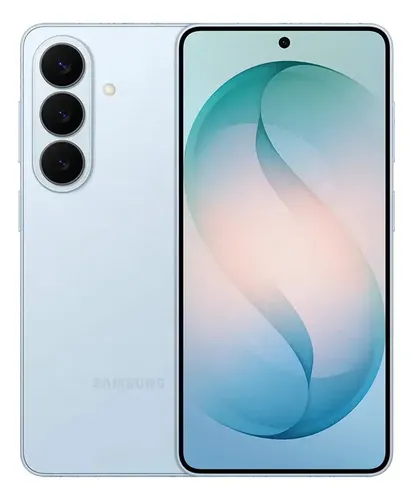 Smartphone Samsung Galaxy S26 azul com a tela ligada mostrando um padrão abstrato e a parte traseira com o conjunto de câmeras.