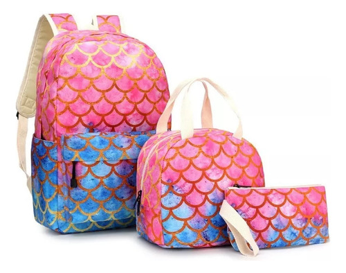 Pack De 3 Mochilas Con Diseño De Sirena Rosa, Lonchera, Estu