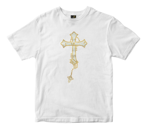 Camiseta Religiosa Branca Com Strass De Cruz