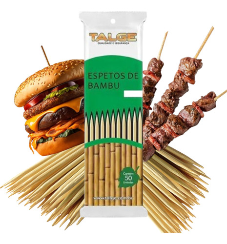 Kit Com 500 Unidades (10 pacotes C/50)  Palito De Bambu Espeto Para Churrasco e Hamburguer 18cm Talge