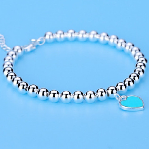 Imagen 2 de 5 de Pulsera Mujer Plata Dije Corazón Azul Amor Brazalete 20 Cm