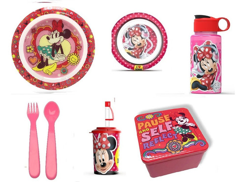 Minnie Mouse Vajilla Completa Cantimplora Y  Hermético 7pzas