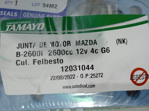Juego Empacadura Motor Completa Mazda Bt-50 - B-2.600 - 2.6