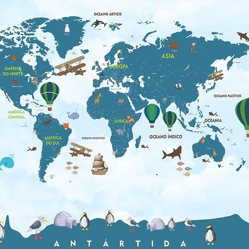 Foto Mural Adesivo Mapa Mundi Continente Oceano Antártida M² Cor Colorido