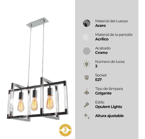 Lámpara Colgante Isla Cocina Rectangular Cromo 40w 3 Luces Color Níquel Satinado y Transparente