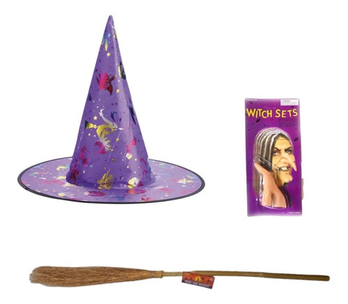 Set Disfraz Bruja Escoba Nariz Sombrero Violeta Halloween