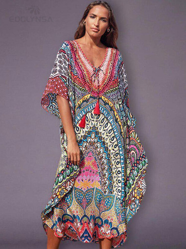 N Kaftan Vestido A Media Pierna Con Borlas Y Ropa De Playa T