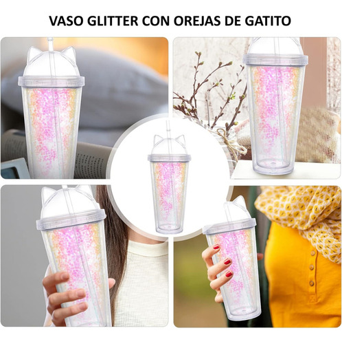 Vaso Termo Glitter Con Popote Y Tapa Gato Para Personalizar Color Transparente