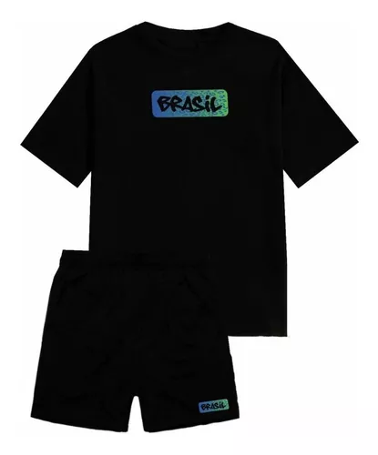 Conjunto Kit Short Tactel Camiseta Algodão Brasil Masculino