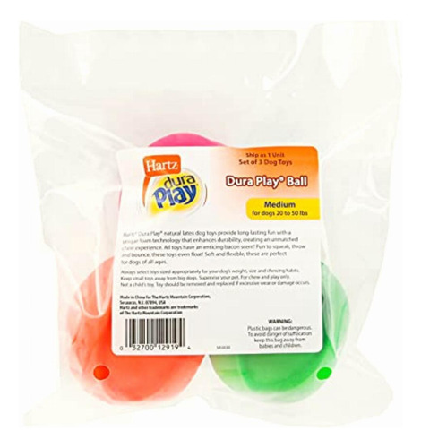 Hartz Duraplay Ball Squeaky Latex Dog Toy, Medium, 3 Pack