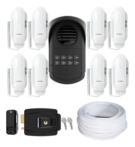 Kit Interfone Agl 8 Pontos 8 Fones Fechadura 12v Cabo