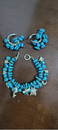 Juego De Pulsera Y Zarcillos Marca Imita En Azul Turquesa 