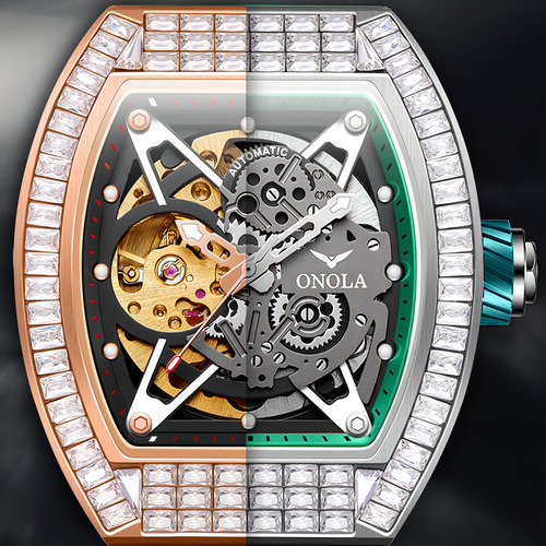 Relógios mecânicos Onola Classic Square Diamond, cor da moldura: prata/vermelho