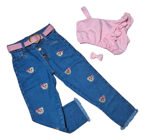 Conjunto Infantil Calça Jeans Blogueirinha Menina Ursinho