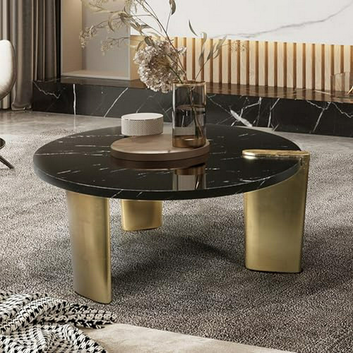 Mesa De Café Redonda Negra Con Patrones De Mármol Y Patas Do