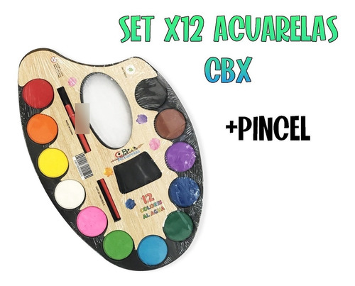 Set Acuarelas 12 Pastillas + Pincel + Paleta + Contenedor 