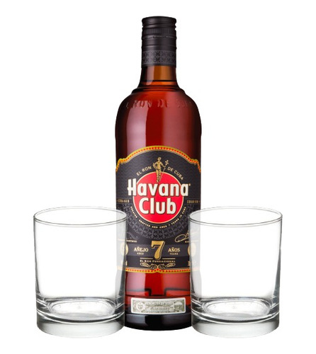 Combo Ron Havana Club 7 Años 750ml + 2 Vasos Vidrio Regalo 