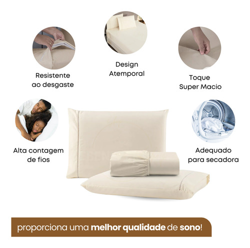 Jogo De Cama Casal Padrão 3 Peças 400 Fios Toque Acetinado Suave C/ Fronha Ponto Palito Premium Cor Palha