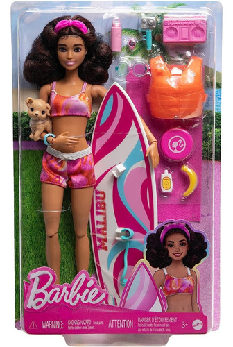 Muñeca Barbie Con Tabla De Surf Y Cachorro Mascota Hpl69