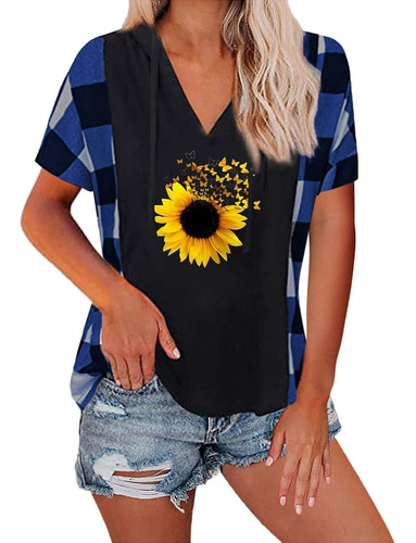 Dama Short Sleeve Hoodie 5 Neck Casual Plaid Sunflower