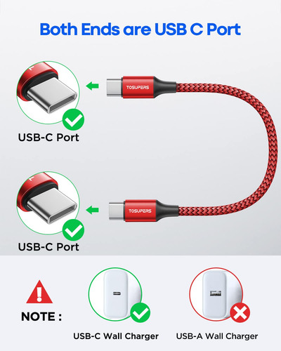 Cable Corto Usb C A Usb C De Tosupers, 1 Pie, Paquete De ...