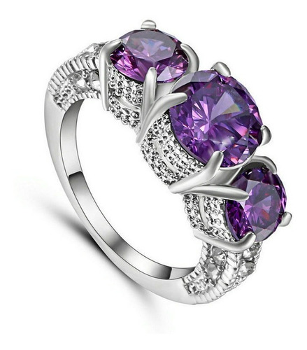 Anillo Compromiso Piedras Purpura Acero Enchapado Plata