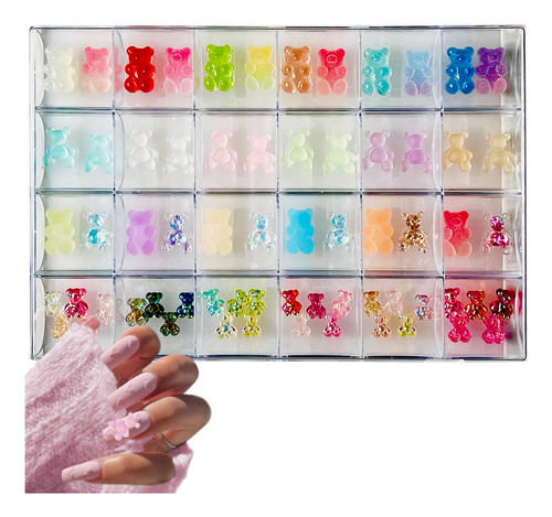 Cristales Perlas Moños Osos Decoracion Uñas + Caja Acrilica Color Osos Gomita