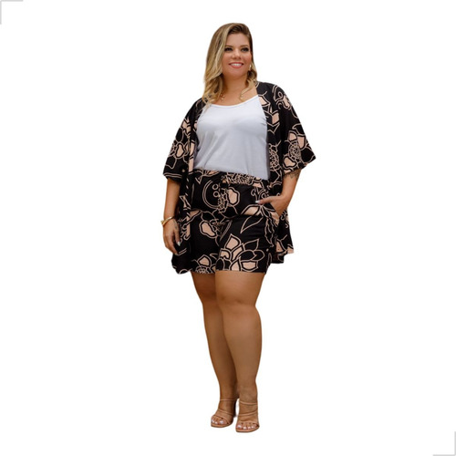 Conjunto Feminino Plus Size Estampado Kimono E Shorts