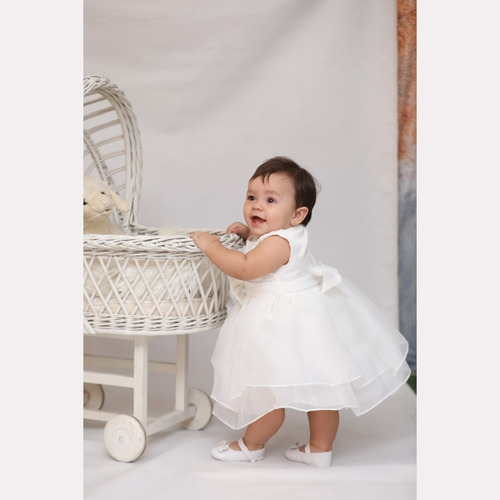 Vestido Bebê Batizado Batismo Off-white Bordado Flor E Laço