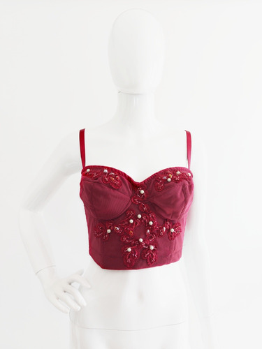 Top Bustier Bordado Con Perlas Y Cristales Swarovski Rojos