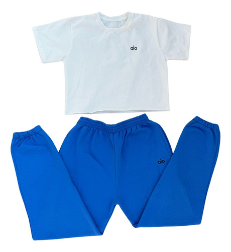 Conjunto Pans Y Playera Estilo Alo Mujer Casual Y Deportivo Azul Con Blanco Lisa S